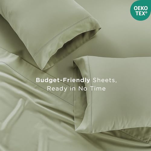 Threadmill Cotton Queen Sheet Set | 100% Cotton Sheets for Queen Size Bed | Solid Sateen Queen Bed Sheets Set with 16” Deep Pocket | Soft Breathable 4-Piece Cooling Bedding Sheet Set | Sage Green