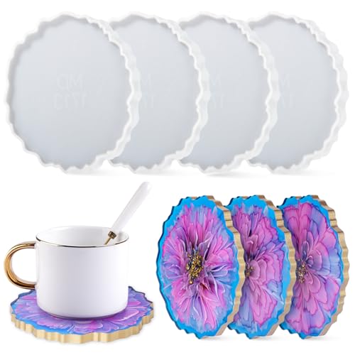 LET'S RESIN 4Pcs Resin Coaster Molds, Druzy Geode Agate Silicone Coaster Molds for Epoxy Resin, 5Inches Large Mould for DIY Art Craft Cup Mats, Durable and Flexible Moulds