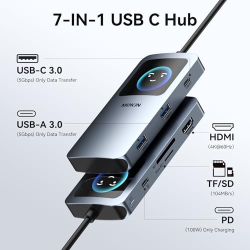 Image of USB C Hub HDMI Adapter for MacBook Pro /Air, MOKiN 7 in 1 USB C Dongle with HDMI | for MacBook Pro /Air /Neo 7 in 1 Dongle with 4K HDMI, USB A, USB C Port, SD /micro SD Slot, 100W PD Port