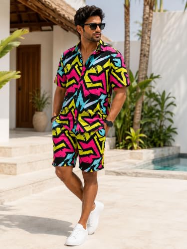 Image of BROWN CULTURE Men's Cotton Blend Printed Co Ord Set | Casual Matching Shirt and Shorts | Relaxed Home Wear | Comfortable Night Suit | Lounge Outfit | Everyday Leisure Clothing