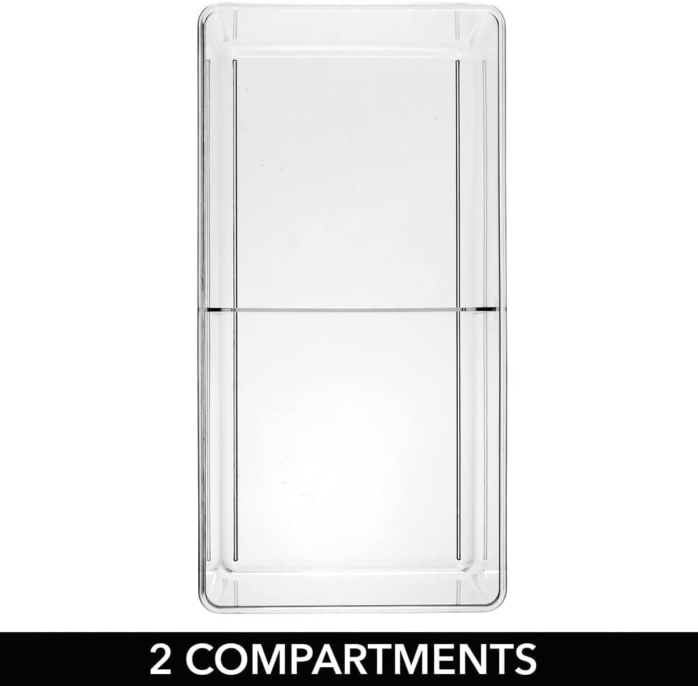 Top-down view of a clear mDesign storage box with a single divider creating two compartments.