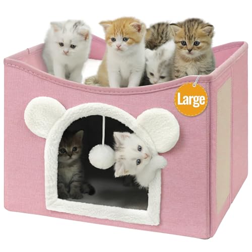 Persure Cat House Cat Beds for Indoor Cats Large Foldable Multifunction Cat Cave for Pet with Hover Ball and Scratching Board(Pink, Large Cat House)