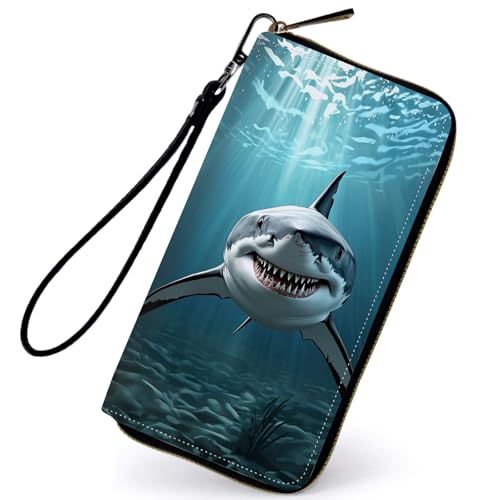 Women's Wallets,PU Leather Wristlet Wallet for Women,Card Holder Organizer Ladies Clutch with Zipper & Phone Holder-Shark