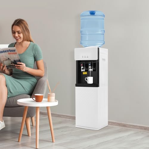 HOLMZCED Floor Water Cooler Dispenser with Storage Space, Top Loading Water Dispenser with Safety Lock Standing Hot Cold Water Dispenser Stainless Steel for 5 Gallon Bottles