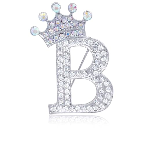 Image of Initial Letter Brooch Pins with Crown for Women Girls Men Boys Personalized Name Brooches Crafts Colorful Rhinestone Brooch Pins Silver A-Z