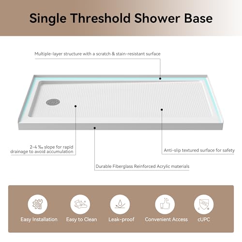 Image of HOROW 60 inch x 30 inch Shower Base, Left Drain Shower Pan, Low Profile Acrylic Base with Reinforced Fiberglass, Non-Slip Surface, Stainless Steel Drain Cover, Leak-Resistant for Bathroom