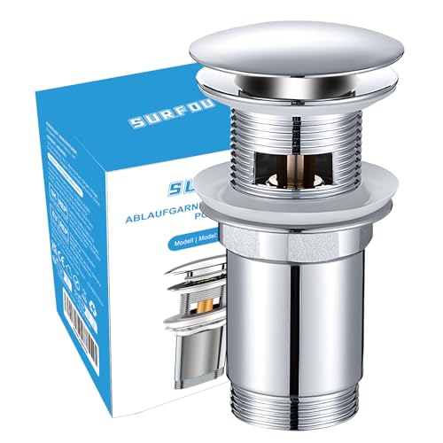 SURFOU Waschbecken Ablaufgarnitur mit Überlauf, Pop Up Ablaufventil aus Edelstahl, Anti Verstopfung Abfluss Stöpsel, Push Open Abflussstopfen, Universal Badezimmer Zubehör