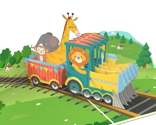 MOKIO® Tarjeta Pop-Up – Locomotora de vapor con animales – Tarjeta de felicitación 3D para un cumpleaños, Tarjeta de regalo emergente para niñas y niños