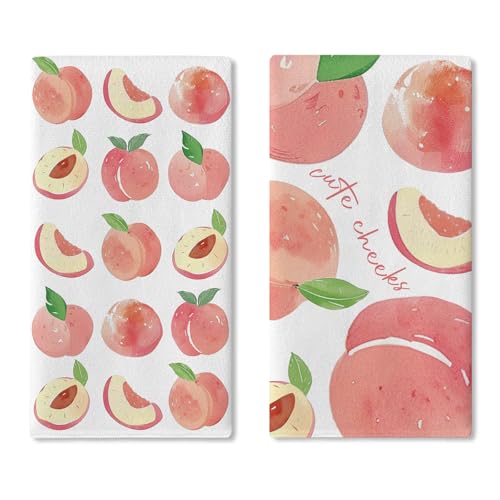 Croar Pink Peach Kitchen Dish Towels Set of 2, Watercolor Cute Cheeks Fruit Girly Drying Hand Towel Baking Cooking Cloth, Spring Summer Bathroom Home Decoration 18'' x 26''