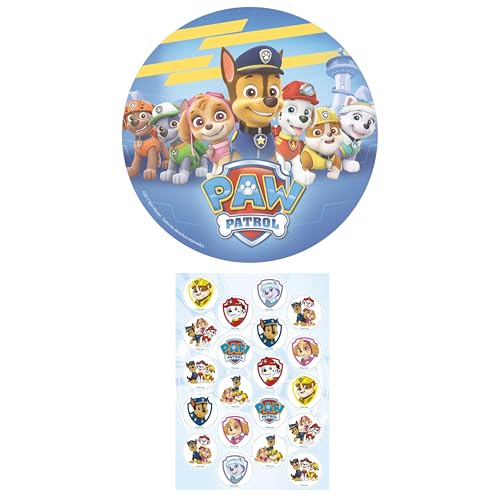 Dekozauber24 Paw Patrol Edible Cake Topper 8 inch + 20x Cupcake Toppers for Children's Birthday Parties, decorations muffins image disc (Paw Patrol Nr. 1)