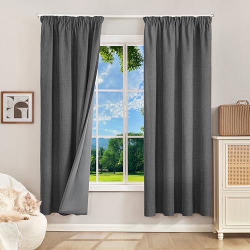 100% Verdunklungsvorhänge mit Kräuselband Leinenoptik Vorhänge Blickdicht | 175Hx140Bcm,Grau,2er Set,Thermovorhänge Kälteschutz Gardinen für Schienen,Wohnzimmer,Schlafzimmer