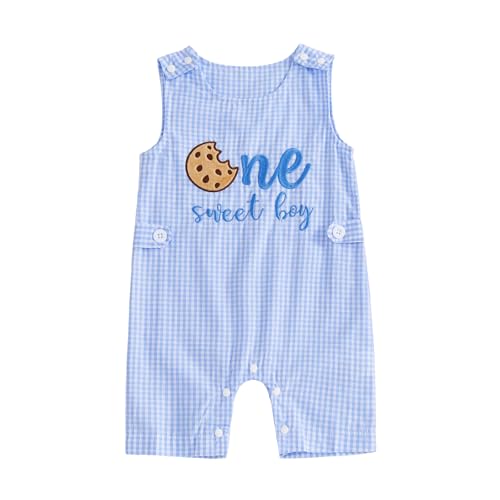 Youweixiong Baby Boy First Birthday Outfit One Sweet Cookie Embroidery Plaid Romper Sleeveless Jumpsuit Shorts Smash Cake Summer Clothes (Blue 12-18 Months)