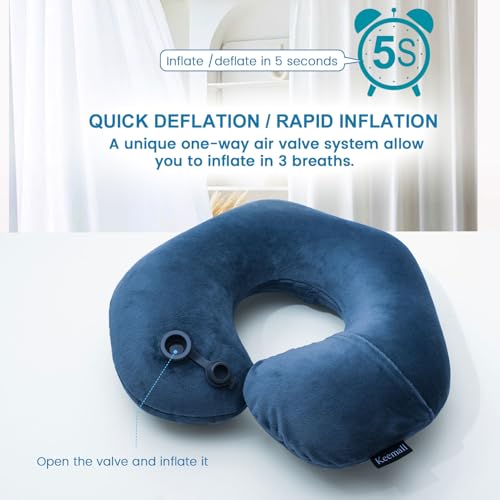 Image of Keemall Inflatable Neck Pillow - Comfortable Velvet U-Shape Travel Pillow for Airplane, Train & Car Journeys, Lightweight with Soft Washable Cover, Travel Essential