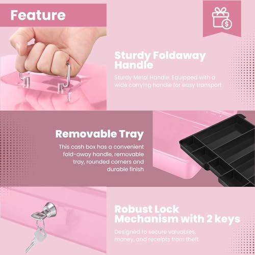Flexzion Cash Box with Money Tray and Lock - Metal Cash Box for Small Businesses, 9-Compartment Pink Money Box with Removable Tray and Key, Portable Storage for Checks and Coins - Thumbnail 2