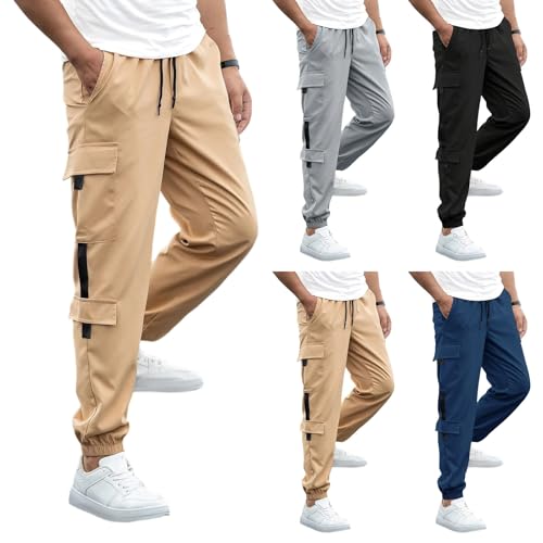 Mens Cargo Pants Lightweight Drawstring Cinched Bottom Athletic Joggers Outdoor Breathable Carpenter Pants w/Pockets