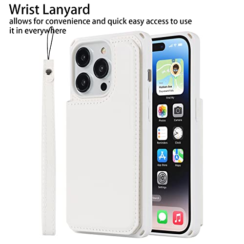 Image of Cavor for iPhone 14 Pro Case with Card Holder,for iPhone 14 Pro Wallet Case for Women Men,Stand and Strap,Leather Shockproof Protective Phone Case-White