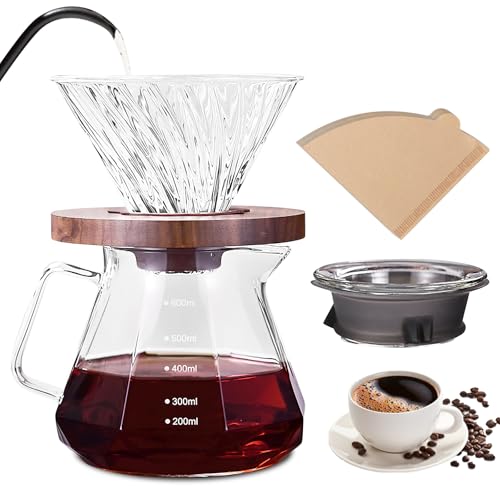 SUNOYA Pour Over Kaffeebereiter Set, 600 ml Borosilikatglas Kaffeekanne mit Filter, Handfilter Kaffee Server, inkl. 100 Stück Papierfilter Größe 02, für 1–3 Tassen