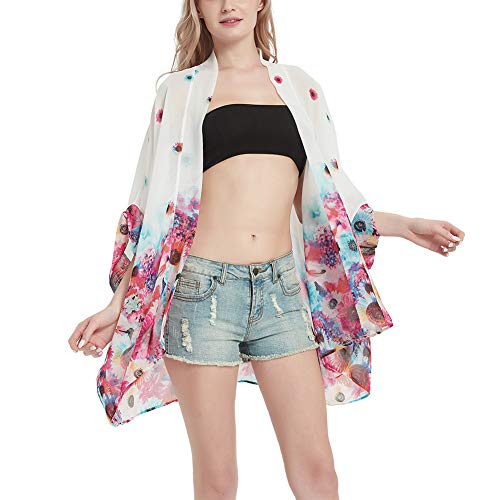 Kimono de chifón con estampado floral para mujer - Blanco - Talla Única