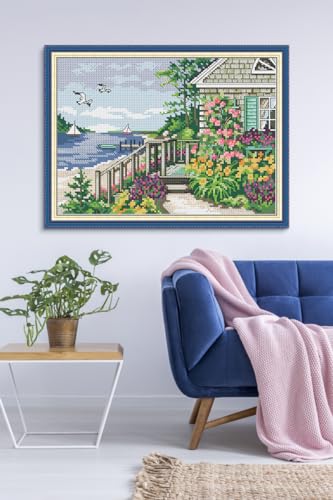 Image of CROSSDECOR Cross Stitch Kits for Adults,Stamped Cross Stitch Kits,DIY Needlepoint Kits for Beginners Counted Embroidery Craft Supplies for Home Decor,Cottage by the Water 11.8x8.2in