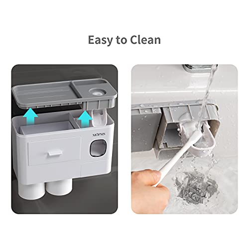 Toothbrush Holder Wall Mounted, Mopms Automatic Toothpaste Dispenser Squeezer With Holders For Bathroom-Countertop Magnetic Cups Toothbrush Toothpaste Holders Drawer Organizer Space Saver-2 Cups Grey #TOP6