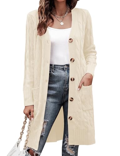 Aottori Cárdigan Mujer Punto Largo Manga Larga Suéter Chaqueta Botones Bolsillos Suéter Chaqueta Casual Elegante Abrigo Frente Abierto Otoño Invierno Albaricoque XL