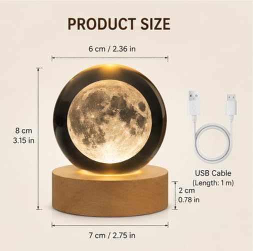 Image of Crystal Ball Night Light with Wooden Base, 3D Crystal Ball Night Lamp Touch Control LED Lamp, Bed Side Table Lamps for Bedroom, Table Lamp for Study Room, Home Decoration Items (Moon)