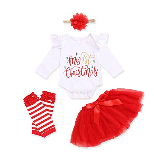 Image of Sinhoon Baby Girls Christmas Skirt Set Baby Girl My 1st Christmas Romper + Tutu Skirt + Leg Warmers + Headband 4Pcs Outfits (Red, 0-3Months)