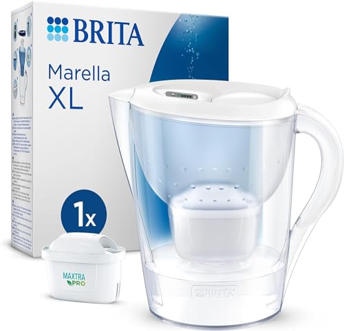 BRITA Jarra con Filtro de Agua Marella XL Blanca (3,5 l) Incl. 1x Cartucho MAXTRA PRO All-in-1 - jarra adaptable al frigorífico con LTI digital y tapa abatible que reduce cloro, cal e impurezas.