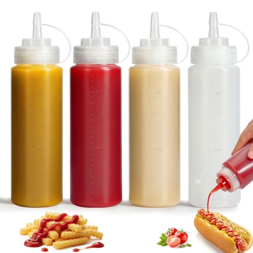 OAMCEG 4 Stück Squeeze Flaschen, 240ml 8oz Kunststoff Gewürz Squeeze Würzpressflaschen Squirt Flaschen mit Diskreten Messungen, für Ketchup, BBQ, Saucen, Sirup, Gewürze, Dressings, Farbe