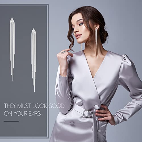 Zinc,4 Pairs Long Tassel Dangle Drop Earrings Metal Chain Earrings Fake Crystal Pearl Rhinestone Earrings Wedding Formal Jewelry (Elegant Style) #TOP4