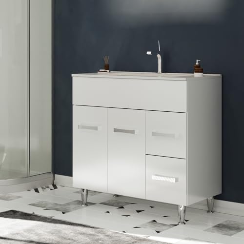 SANIVERRE Madrid Meuble Salle de Bain sur Pieds Simple Vasque Blanc Largeur 80 cm