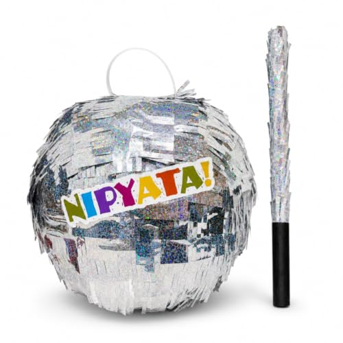 Image of Wanna Party Disco Ball Shaped Pinata Khoi Bag with Stick for Kids & Adults Birthday Party, Fillable Silver Mirror Ball Pinata Game for Disco Theme Party Decoration, Dance & Retro Theme