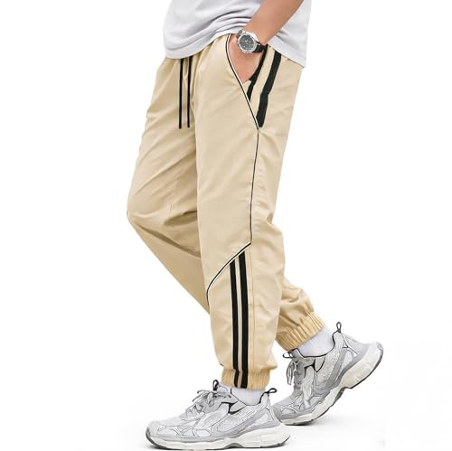 Image of Men Beige Joggers | Poly Twill Stretch Track Pants with Contrast Side Stripes & Piping Detail, Side Pockets & Elastic Ankle Cuffs | Casual, Gym & Travel Trousers