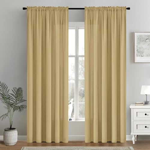 Image of MIULEE Gold Semi Sheer Privacy Curtains Drapes 2 Panels 52W x 90L | Semi sheer privacy, non-see-through, light filtering, fits kitchen, bathroom, bedroom