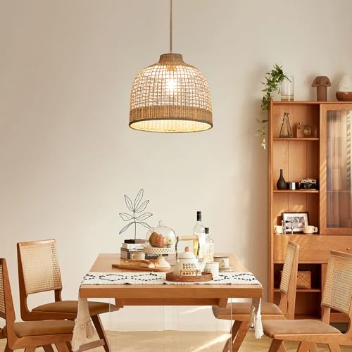 Rattan Woven Pendant Fixture, Handmade Bamboo Hanging Ceiling Lamp Crafts Lampshade, Natural Wicker Basket Chandelier for Living Room Bedroom Kitchen (17.8 x 17.8 inches)