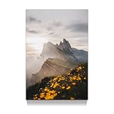 Mountian Sunrise Canvas Wall Art: Vertical Great Smoky Mountains Painting Yellow Wildflower Photography Prints National Park Picture Nature Landscape Artowrk for Living Room