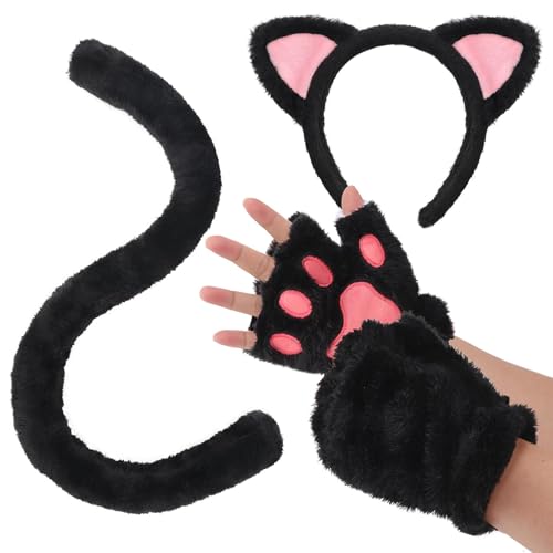 DRESHOW Diadema com orelhas de gato luvas com pernas e cauda conjunto de disfarces para mulheres e meninas disfarce de gato para Halloween acessórios para festas de disfarces, 1 conjunto: Preto
