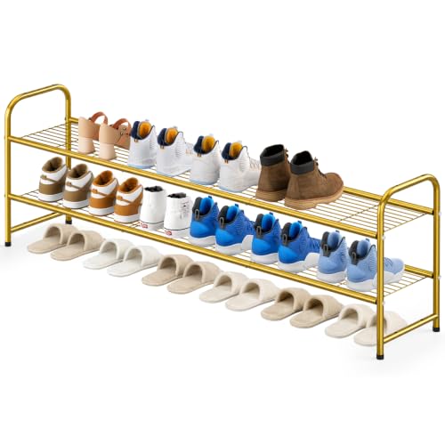 Image of KEETDY 2-Tier Long Shoe Rack for Closet Metal Shoe Organizer for Entryway, Wide Stackable Shoe Storage Shelf with Sturdy Wire Grid for Closet Floor, Bedroom, Gold