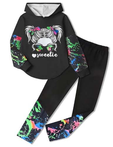Image of Girls Fall Outfits Sweetie-girl Hoodie and Camo Pants Size 6-16 | Curved Hem Design,Skin-friendly Cotton Blend,for Daily School Playdates,Fall&Winter,Easy On & Off Pullover