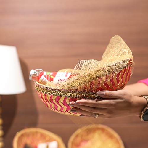 Image of SCISSORS CRAFT Handmade Colorful Net Covering Bamboo Basket For Wedding And Festival Gift Purpose (5)