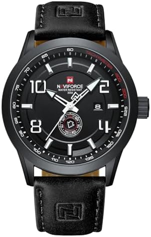 NAVIFORCE Sport Watches for Men Leather Band Waterproof Quartz Analog Wristwatch Easy to Read with Auto Date