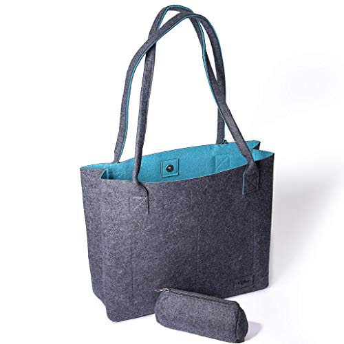 FilzGut Filz Einkaufstasche Damen Shopper 15L Große Filztasche mit Innentaschen Handtasche/Schultertasche aus Recycling Filz Dunkelgrau & Petrol