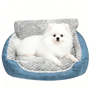 Dog Bed for Small Dogs & Cats with Soft Plush Cushion, Blue and Gray,Non-Slip Bottom, Year-Round Faux Fur Linen Calming Pet Sofa (Up to 17 lbs)