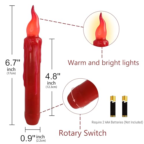 Image of Red Candlesticks Flameless Taper Candle, 4pcs Short LED Tapered Candles Remote Dipped Candle 6inch Battery Chandelier for Enchanting Christmas Harry Potter Inspired Vigils,R