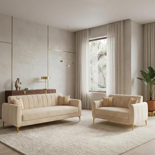 Image of Hermione Luxe Velvet-Suede Fabric 3 Seater + 2 Seater Sofa Set | Golden Legs | Comfortable & Spacious Seating | Modern Sofa Set for Living Room - Cream