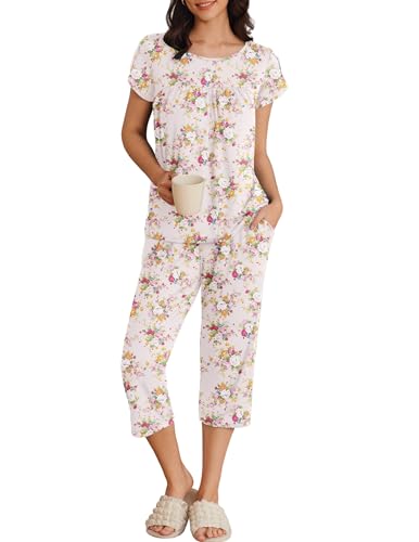 Image of Ekouaer Women's Capri Pajama Set Short Sleeve Mumu Pjs Pleated Top Capri Pants with Pockets Sleepwear Lounge Set