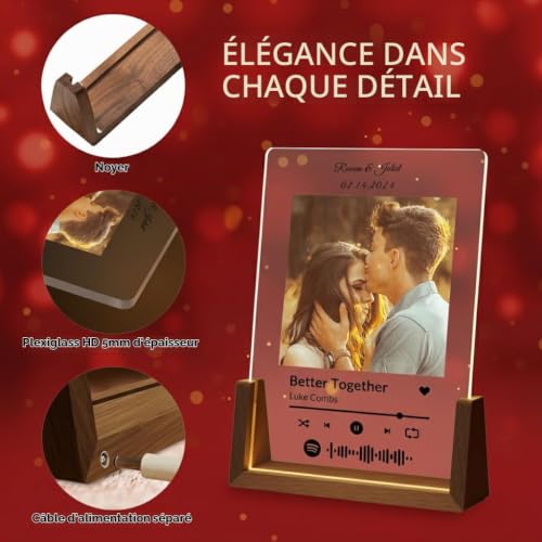 SENSING Cadre Photo Personnalisé Spotify en Bois avec Photo et Texte, Plaque Lumineuse LED Personnalisée, Cadeau Couple Femme Homme, Idee Cadeau Anniversaire, Saint-Valentin, Noël, Décoration Chambre – vue 4