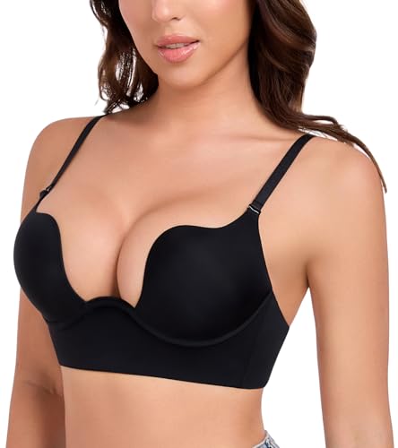 Image of Lemorosy Plunge U Backless Push Up Bra Multiway Convertible Low Cut Lifting Support Underwire Bras for Women