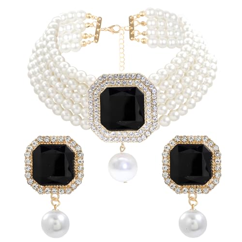 JNF Gold Plated Pearl Choker Collar Necklace for Women Crystal Rhinestone Pearl Statement Necklace and Earrings Bridal Pearls Diamond jewelry Set for Wedding