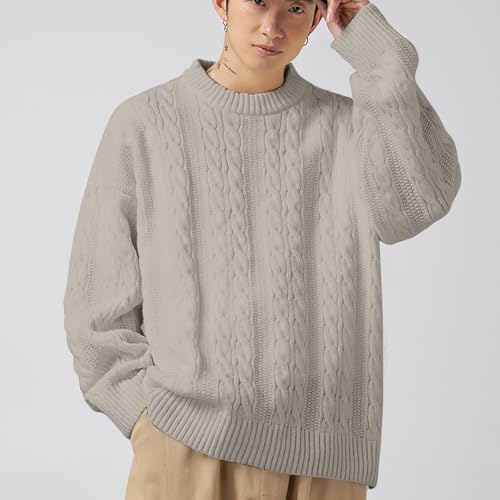 Men's Cable Knit Sweaters Long Sleeve Casual Patchwork Sweater Crew Neck Loose Trendy Pullover Knitwear Winter Outfit Gray2